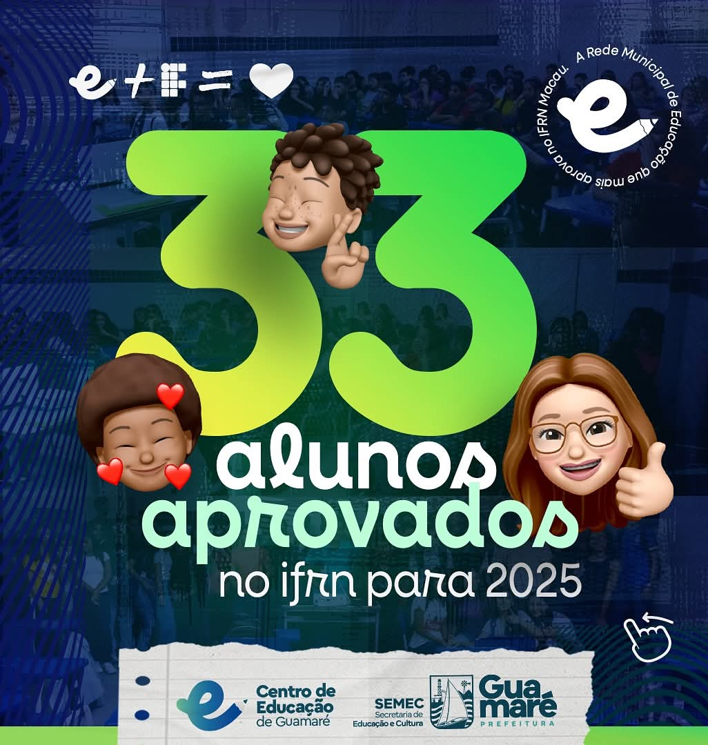 👩‍🏫 A Educação de Guamaré tá brilhando mais uma vez! 33 estudantes dos Centros de Educação de Guamaré foram aprovados no IFRN 2025